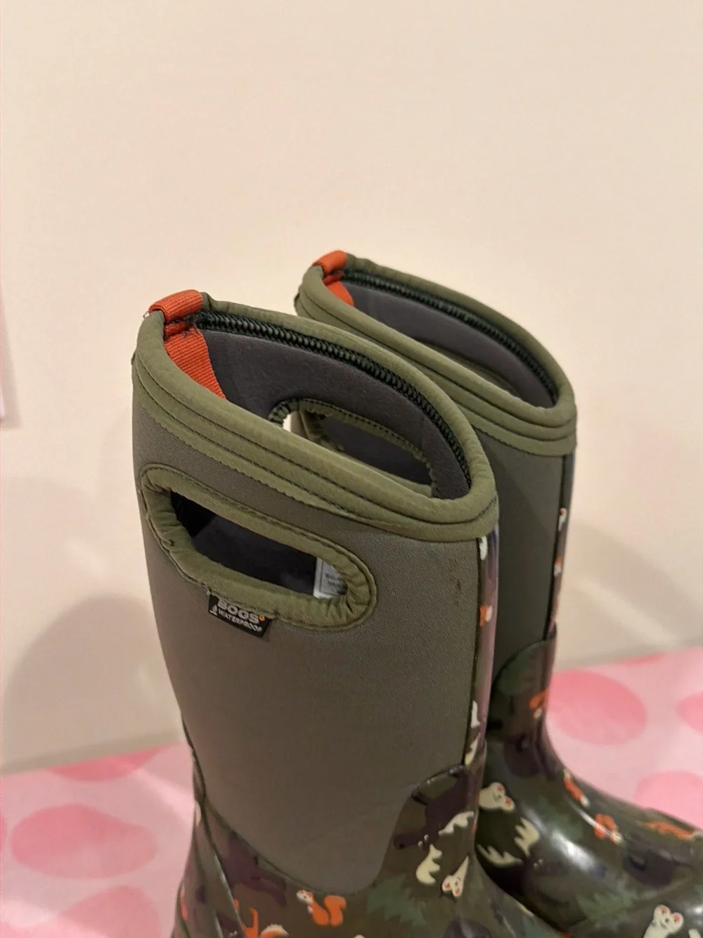 Bogs Kids Olive Green Rain Boots with Orange Pull Tabs Size 11